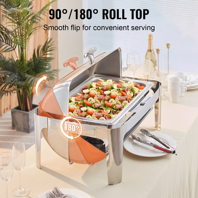 Πλήρες σετ μπουφέ για πιάτα VEVOR Roll Top Chafing, Τσάπα από ανοξείδωτο ατσάλι 8 Qt με τηγάνι πλήρους μεγέθους, Ορθογώνιος θερμαντήρας τροφοδοσίας με καπάκι, βάση τροφοδοσίας καυσίμου, για τουλάχιστον 8 άτομα