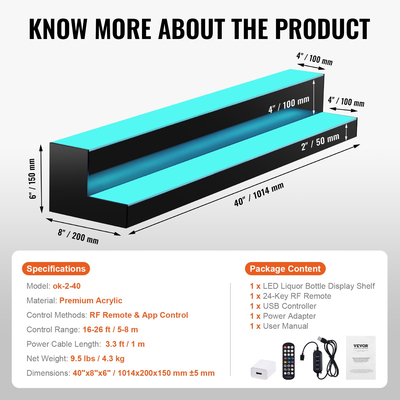 VEVOR LED Lighted Liquor Bottle Display Bar Shelf RF &amp; App Control 40&quot; 2-step