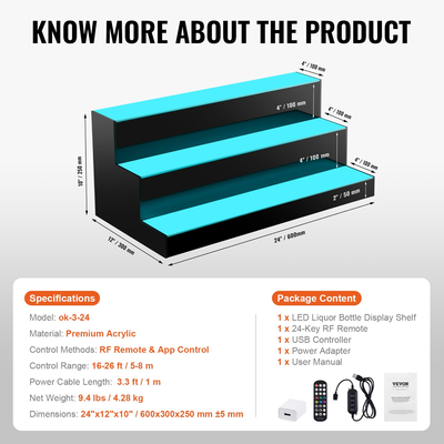 VEVOR LED Lighted Liquor Bottle Display Bar Shelf RF &amp; App Control 24&quot; 3-step