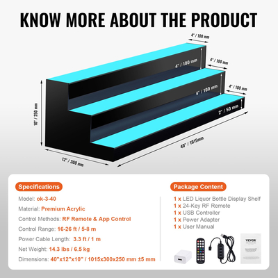 VEVOR LED Lighted Liquor Bottle Display Bar Shelf RF &amp; App Control 40&quot; 3-Step