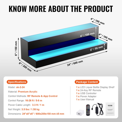 VEVOR LED Lighted Liquor Bottle Display Bar Shelf RF &amp; App Control 24&quot; 2-step