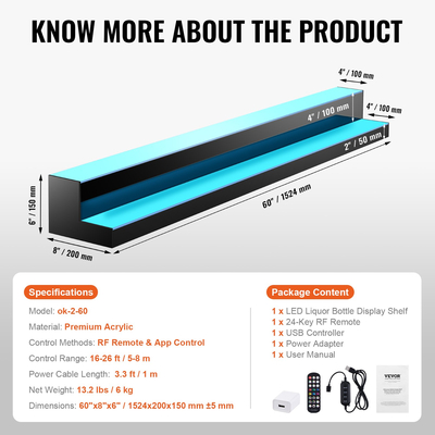 VEVOR LED Lighted Liquor Bottle Display Bar Shelf RF &amp; App Control 60&quot; 2-Step