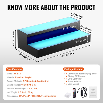 VEVOR LED Lighted Liquor Bottle Display Bar Shelf RF &amp; App Control 16&quot; 2-step