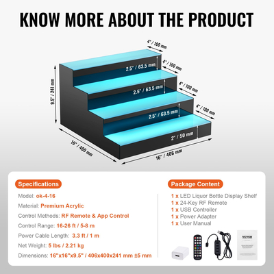 VEVOR LED Lighted Liquor Bottle Display Bar Shelf RF &amp; App Control 16&quot; 4-step