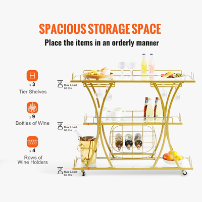 VEVOR Bar Cart Gold, 3 επιπέδων Home Bar Cart σε ρόδες που κλειδώνουν, Rolling Cart Alcohol with Tempered Glass Rail Guarddrail Wine Rack, Modern Cart Wine for Home Kitchen Training and σαλόνι