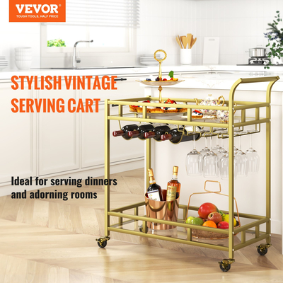 VEVOR Bar Cart Gold, 2 επιπέδων Home Bar Cart σε ρόδες που κλειδώνουν, Rolling Cart Alcohol with Tempered Glass Rack Guarddrail Wine Rack, Modern Cart Wine for Home Kitchen Training and σαλόνι