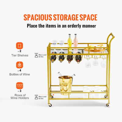 VEVOR Bar Cart Gold, 2 επιπέδων Home Bar Cart σε ρόδες που κλειδώνουν, Rolling Cart Alcohol with Tempered Glass Rack Guarddrail Wine Rack, Modern Cart Wine for Home Kitchen Training and σαλόνι