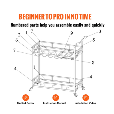 VEVOR Bar Cart Gold, 2 επιπέδων Home Bar Cart σε ρόδες που κλειδώνουν, Rolling Cart Alcohol with Tempered Glass Rack Guarddrail Wine Rack, Modern Cart Wine for Home Kitchen Training and σαλόνι