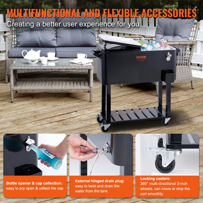 VEVOR Rolling Ice Chest Cooler Cart 80 Quart, Φορητό Bar Drink Cooler, Beverage Bar Stand Up Cooler με ρόδες, ανοιχτήρι μπουκαλιών, λαβές για βεράντα, πίσω αυλή, πάρτι και πισίνα, μαύρο, FDA