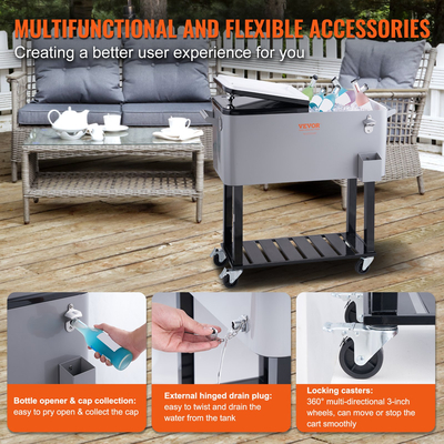 VEVOR Rolling Ice Chest Cooler Cart 80 Quart, Φορητό Bar Drink Cooler, Beverage Bar Stand Up Cooler με ρόδες, ανοιχτήρι μπουκαλιών, λαβές για αίθριο, πίσω αυλή, πάρτι και πισίνα, γκρι, καταχωρισμένο στο FDA