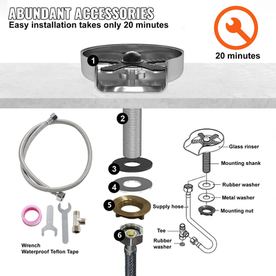 VEVOR Glass Rinser, 10 ισχυροί ψεκασμοί ψεκασμού 360° Περιστρεφόμενο κύπελλο ξέβγαλμα για νεροχύτη, 304 ανοξείδωτο ατσάλι με πλυντήριο ποτηριών &amp; αντιολισθητικό μαξιλάρι σιλικόνης για μπιμπερό, γυάλινο κύπελλο, ποτήρι κρασιού (Μαύρη βάση ματ)