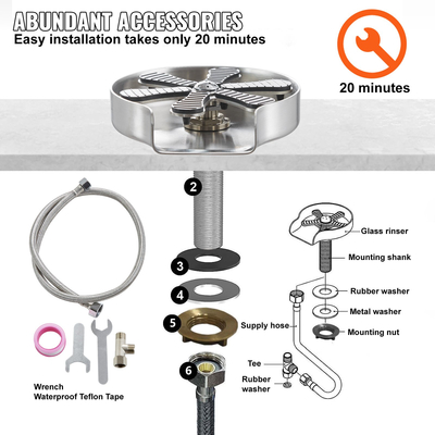 VEVOR Glass Rinser, 10 Powerful Spraying Jets 360° Rotating Cup Rinser για νεροχύτη, 304 Ανοξείδωτο ατσάλι με αντιολισθητικό μαξιλάρι σιλικόνης για μπιμπερό, γυάλινο κύπελλο, ποτήρι κρασιού (βάση σχεδίασης)