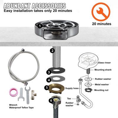 VEVOR Glass Rinser, 10 Powerful Spraying Jets 360° Rotating Cup Rinser for Ninner, 304 Inox Faucet Faucet Washer with ABS Cup Holiday for Baby Bottle, Glass Cup, Wine Glass (Ασημί γκρι βάση)