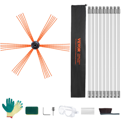 VEVOR 9 m Kit καθαρισμού καμινάδας, με 9 ενισχυμένες εύκαμπτες ράβδους από νάιλον, εργονομική βούρτσα καθαρισμού καπνοδόχου, καθαριστικό καμινάδας βούρτσας 360 μοιρών, πλούσια αξεσουάρ για οικιακή χρήση καυσαερίων τζακιού Ταιριάζει στους περισσότερους σωλήνες