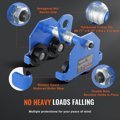 Χειροκίνητο καροτσάκι VEVOR, 1100 λίβρες/0,5 τόνους, 1100 λίβρες/0,5 τόνους Τρόλεϊ Push Beam με διπλούς τροχούς, ρυθμιζόμενο για πλάτος φλάντζας I-Beam 2,5&quot; έως 5,5&quot;, Ανυψωτικό γκαράζ από κράμα χάλυβα βαρέως τύπου για ευθεία καμπύλη δοκό I