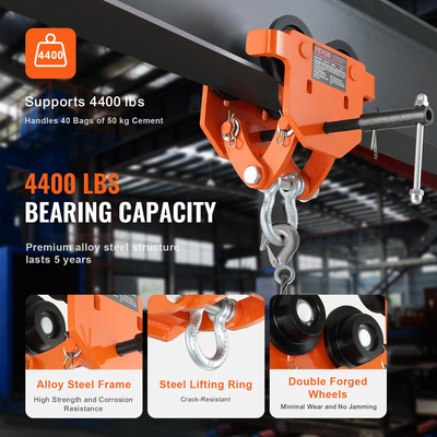 Χειροκίνητο καροτσάκι VEVOR, χωρητικότητα φορτίου 4400 λίβρες/2 τόνους, Καρότσι ώμου δοκού με διπλούς τροχούς, ρυθμιζόμενο για πλάτος φλάντζας I-Beam 2,8&quot; έως 6,7&quot;, Ανυψωτικό γκαράζ από κράμα χάλυβα βαρέως τύπου για ευθεία καμπύλη δοκό I