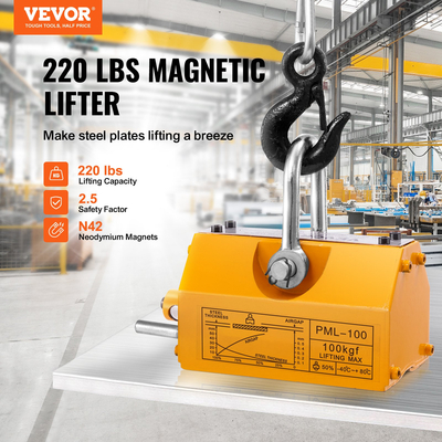 VEVOR Magnetic Lifter, 220 lbs/100 kg ικανότητα έλξης, 2,5 συντελεστής ασφάλειας, νεοδύμιο &amp; χάλυβας, μαγνήτης ανύψωσης με απελευθέρωση, μαγνήτες μόνιμης ανύψωσης, μαγνήτης βαρέως τύπου για ανυψωτικό, γερανός καταστήματος, μπλοκ, σανίδα