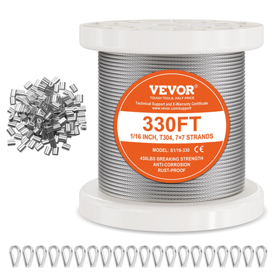 VEVOR T304 Καλώδιο από ανοξείδωτο ατσάλι 1/16&quot; 7x7 Ατσάλινο Συρματόσχοινο 330 πόδια Κάγκελα καλωδίων