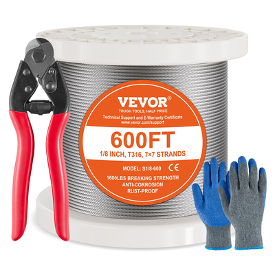 VEVOR T316 Καλώδιο από ανοξείδωτο ατσάλι 1/8&quot; 7x7 Συρματόσχοινο από ατσάλι 600 πόδια Κάγκελα καλωδίων