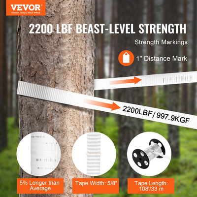 VEVOR Πολυεστερική ταινία έλξης, 5/8&quot; x 108&#039; Mule Tape Επίπεδο σχοινί, 2200 lbf εφελκυστική ικανότητα, τυπωμένη ταινία έλξης καλωδίου με πλέγμα για συσκευασία, κηπουρική, επαγγελματικά ηλεκτρικά, εργασίες αγωγών, λευκό