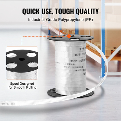 VEVOR Πολυεστερική ταινία έλξης, 5/8&quot; x 108&#039; Mule Tape Επίπεδο σχοινί, 2200 lbf εφελκυστική ικανότητα, τυπωμένη ταινία έλξης καλωδίου με πλέγμα για συσκευασία, κηπουρική, επαγγελματικά ηλεκτρικά, εργασίες αγωγών, λευκό