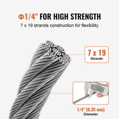 Καλώδιο VEVOR Carbon Steel 1/4&quot; 7x19 Strands Steel Wire Rode 250 ft Cable Rail