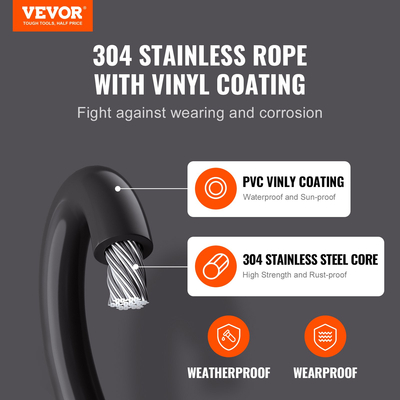 VEVOR Vinyl Coated Wire Rope Kit, 3/32 Cable Through 1/16 Diameter Inox, 7x7 Strands Κατασκευή με 189 αξεσουάρ για String Lights, Clothesline, Vine, 164 ft Black