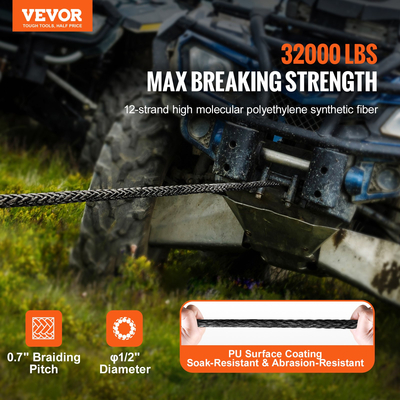 VEVOR Synthetic Winch Rope, 1/2 Inch x 92 Feet 32.000 lbs Synthetic Winch Line Cable Rope with Protective Sleeve + σφυρήλατο άγκιστρο βαρούλκου + ιμάντα έλξης, Universal εφαρμογή για SUV, μεγάλο όχημα εκτός δρόμου, φορτηγό