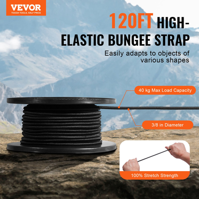 VEVOR 3/8 in Bungee Cord 120 ft/36 m Spool Heavy Duty Bungee Straps 100% Stretch
