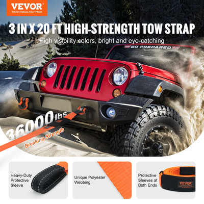 VEVOR Heavy Duty Tow Strap Recovery Kit 3&quot; x 20 ft (MBS-36.000 lbs) Ιμάντας βαρούλκου Tree Saver, Τριπλός ενισχυμένος βρόχος &amp; προστατευτικά μανίκια &amp; τσάντα αποθήκευσης, δεσμίδες D-Ring 3/4&quot;, για Truck Jeep SUV ATV