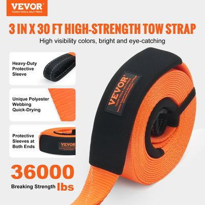 VEVOR Polyester Heavy Duty Tow Strap Recovery Kit 3&quot; x 30 ft (MBS-36.000 lbs) Ιμάντας βαρούλκου, Τριπλός ενισχυμένος βρόχος, ιμάντας αρπαγής + Δέκτης αγκίστρου 2&quot; + Δακτύλιοι D-Ring 3/4&quot; (2 τεμ.) + Stor