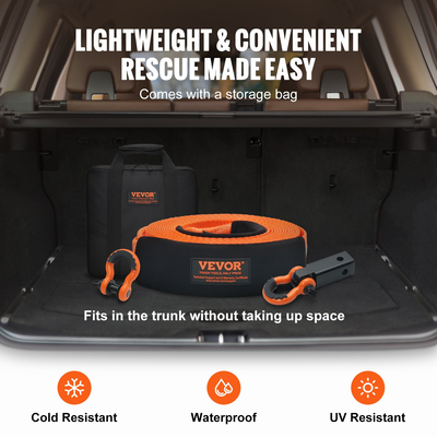 VEVOR Polyester Heavy Duty Tow Strap Recovery Kit 3&quot; x 30 ft (MBS-36.000 lbs) Ιμάντας βαρούλκου, Τριπλός ενισχυμένος βρόχος, ιμάντας αρπαγής + Δέκτης αγκίστρου 2&quot; + Δακτύλιοι D-Ring 3/4&quot; (2 τεμ.) + Stor