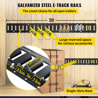 VEVOR E Track Tie-Down Rail Kit, 18PCS 5FT E-Tracks Set περιλαμβάνει 4 χαλύβδινες ράγες &amp; 2 μονή υποδοχή &amp; 6 δακτυλίους O &amp; 4 δεσίματα με D-ring &amp; 2 ιμάντες καστάνιας, αξεσουάρ ασφάλισης για μοτοσικλέτες Cargo