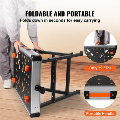 Πτυσσόμενο τραπέζι εργασίας VEVOR, 2 σε 1 ως πριονίσκο &amp; πάγκος εργασίας, χωρητικότητα φόρτωσης 1000 λίβρες, ατσάλινα πόδια, φορητή πτυσσόμενη βάση εργαλείων με 2 σφιγκτήρες ξύλου, 4 σκυλιά πάγκου, 3 κουτιά εργαλείων, 2 γάντζους, εύκολη αποθήκευση σε γκαράζ