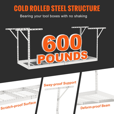 Βάση αποθήκευσης VEVOR Overhead Garage, Ράφια αποθήκευσης οροφής γκαράζ 36x96 ιντσών, Ρυθμιζόμενα βαρέως τύπου χαλύβδινα ράφια ψυχρής έλασης για αποθήκευση γκαράζ, οργάνωση, χωρητικότητα φόρτωσης 600 lbs, 22&#039;&#039;-40&quot;, Λευκό