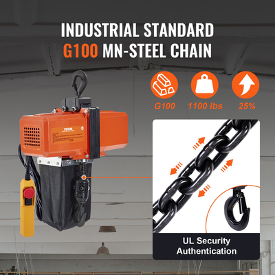 VEVOR Electric Chain Hoist Μονοφασικό ανυψωτικό γερανού 1100 lbs Φορτίο 15 ft Ανύψωση