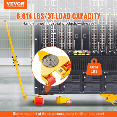 VEVOR Machinery Skate Dolly, 6614 LBS/3T Industrial Machinery Mover with Handle, Carbon Steel Machinery Moving Skate με 3 περιστρεφόμενους τροχούς PU 360°, Αντιολισθητικό καπάκι περιστροφής 360° για αποθήκη, εργαστήριο