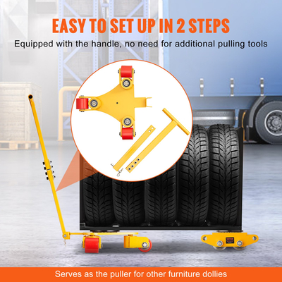 VEVOR Machinery Skate Dolly, 6614 LBS/3T Industrial Machinery Mover with Handle, Carbon Steel Machinery Moving Skate με 3 περιστρεφόμενους τροχούς PU 360°, Αντιολισθητικό καπάκι περιστροφής 360° για αποθήκη, εργαστήριο