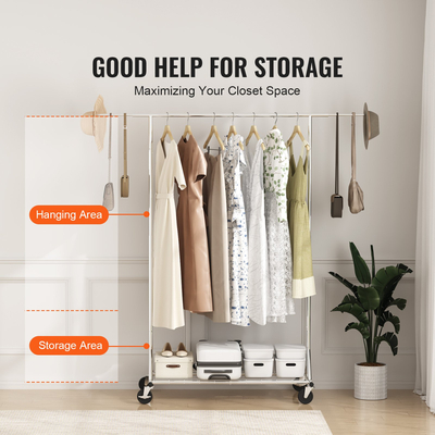 VEVOR Σχάρα ρούχων με ρόδες Βαρέως τύπου Ρούχα ρούχων με ράβδο κρεμαστό