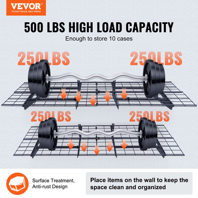 Ράφια αποθήκευσης VEVOR Garage, 2 Pack, 4 x 2 ft Ράφια γκαράζ βαρέως τύπου Επιτοίχια, χωρητικότητα φόρτωσης 500 lbs (Συνολική) Πλωτά ράφια αποθήκευσης γκαράζ, Κατάλληλα για κατάστημα, υπόστεγο, αποθήκευση γκαράζ