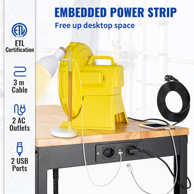 Πάγκος εργασίας VEVOR Ρυθμιζόμενο ύψος, 122cm ΠΧ 61cm DX 104cm Υ Τραπέζι γκαράζ με 79 – 104 cm Ύψος &amp; Χωρητικότητα 720KG, με πρίζες &amp; σκληρό ξύλο πάνω &amp; μεταλλικό πλαίσιο &amp; περιστρεφόμενους τροχούς, για σπίτι γραφείου