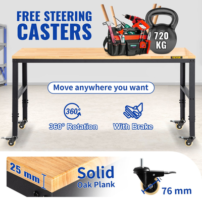 Πάγκος εργασίας VEVOR Ρυθμιζόμενο ύψος, 122cm ΠΧ 61cm DX 104cm Υ Τραπέζι γκαράζ με 79 – 104 cm Ύψος &amp; Χωρητικότητα 720KG, με πρίζες &amp; σκληρό ξύλο πάνω &amp; μεταλλικό πλαίσιο &amp; περιστρεφόμενους τροχούς, για σπίτι γραφείου