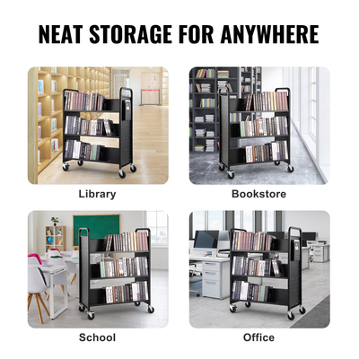 Καλάθι βιβλίων VEVOR, 330 lbs Library Cart, 39,4&quot; x 20,1&quot; x 49,2&quot; Rolling Book Cart, διπλής όψης σχήματος W με κλίση ράφια με ρόδες 4 ιντσών που κλειδώνουν για ράφια στο σπίτι Σχολείο γραφείου, Book Truck σε μαύρο χρώμα