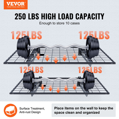 Ράφια αποθήκευσης VEVOR Garage, 2 Pack, 3 x 2 ft Ράφια γκαράζ βαρέως τύπου Επιτοίχια, χωρητικότητα φόρτωσης 500 lbs (Συνολική) Ράφια αποθήκευσης γκαράζ Πλωτά ράφια, Κατάλληλα για κατάστημα, υπόστεγο, αποθήκευση γκαράζ