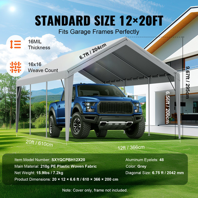 Ανταλλακτικό κάλυμμα κουβούκλιο VEVOR Carport 12 x 20 ποδιών, προστατευτικό κάλυμμα για σκηνές γκαράζ βαρέως τύπου αδιάβροχο &amp; προστατευμένο από την υπεριώδη ακτινοβολία, Εύκολη εγκατάσταση με μπάντζες μπάλας, γκρι (Μόνο επάνω κάλυμμα, δεν περιλαμβάνεται πλαίσιο)