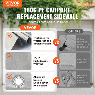 Πλαϊνό τοίχωμα κάλυμμα κουβούκλιο αντικατάστασης VEVOR 12 x 20 πόδια, προστατευτικό κάλυμμα σκηνών γκαράζ βαρέως τύπου αδιάβροχο &amp; προστατευμένο από την υπεριώδη ακτινοβολία, Εύκολη εγκατάσταση με μπάντζες μπάλας, γκρι (το επάνω μέρος και το πλαίσιο δεν περιλαμβάνονται)