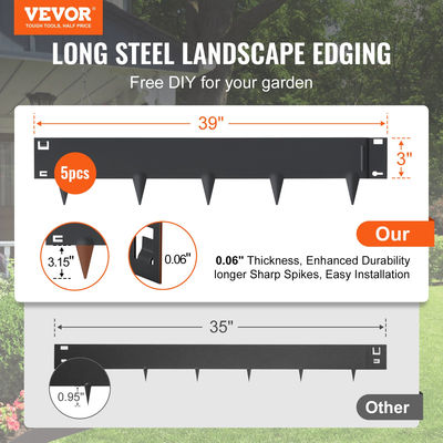 VEVOR Steel Landscape Borders, 5-pack Steel Garden Edge Borders, 39&quot; L x 3&quot; H strips, Hammer-in Border, Bendable Metal Landscape Bord for Yard, Garden, Lawn, Spike Ύψος 3,15&quot; Μαύρο
