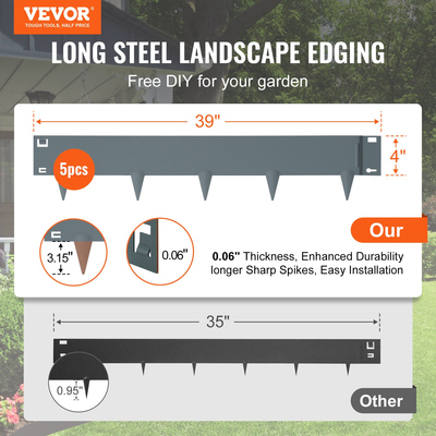 VEVOR Steel Landscape Borders, 5-pack Steel Garden Edge Borders, 39&quot; L x 4&quot; H strips, Hammer-in Border, Endable Metal Landscape Bord for Yard, Garden, Lawn, Spike Ύψος 3,15&quot;, Σκούρο γκρι