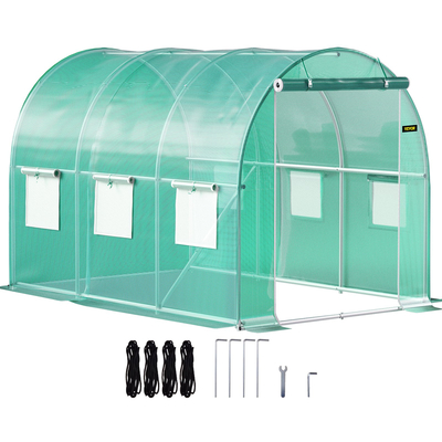 Θερμοκήπιο VEVOR Walk-in Tunnel, 10 x 7 x 7 ft φορητό θερμοσίφωνο με γαλβανισμένο ατσάλι, 1 επάνω δοκό, διαγώνιους πόλους, πόρτα με φερμουάρ &amp; 6 ανοιγόμενα παράθυρα, πράσινο