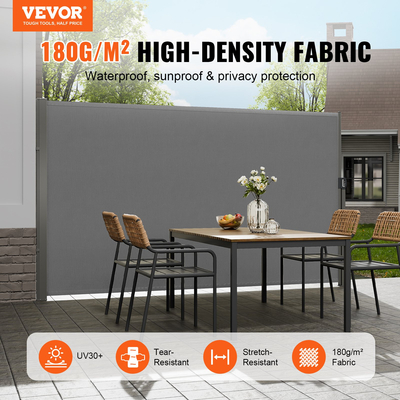 Πτυσσόμενη πλαϊνή τέντα VEVOR, 63&#039;&#039;x 118&#039;&#039; Outdoor Privacy Screen, 180g Polyester-proof retractable Patio Screen, UV 30+ Room Divider Windscreen για Αίθριο, Πίσω αυλή, Μπαλκόνι, Γκρι